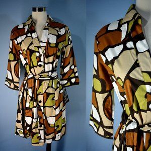NWT MLLE GABRIELLE Retro Shirt Dress Large Mod Geometric Tie Belt Green Brown